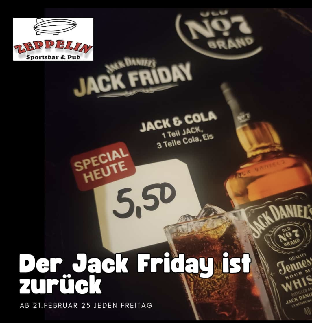 Werbebild für den "Jack Friday" in der Zeppelin Sportsbar Potsdam mit einer Flasche Jack Daniel's, einem Glas Jack & Cola und dem Preis von 5,50 €