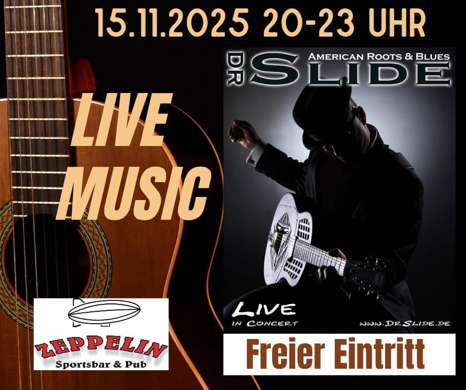 Dr. Slide Live in Concert in der Zeppelin Sportsbar Potsdam, American Roots und Blues mit Slide Gitarre und freiem Eintritt.